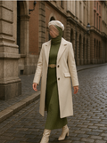 Lusso Winter Set – Cream Coat & Olive Ribbed Dress