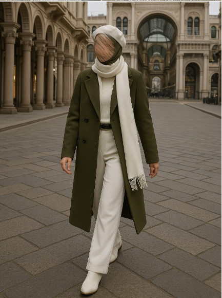 Lusso – Olive Green Winter Set (Long Coat & White Monochrome Look)