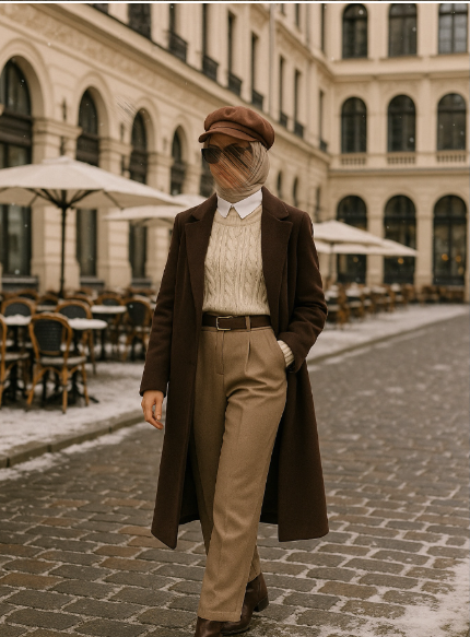 Lusso – Winter Brown Elegance Set (Long Coat, Knit Top & Beige Pants)
