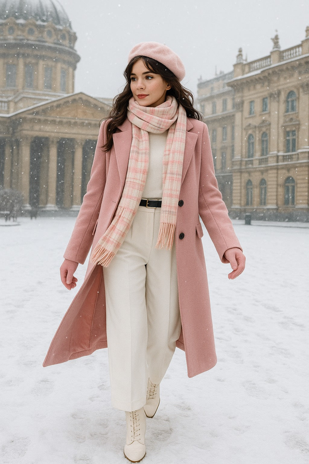 Winter Blush Elegance Set – Pink Coat (Coat + Knit Top + Pants + Belt + Scarf + Beret)
