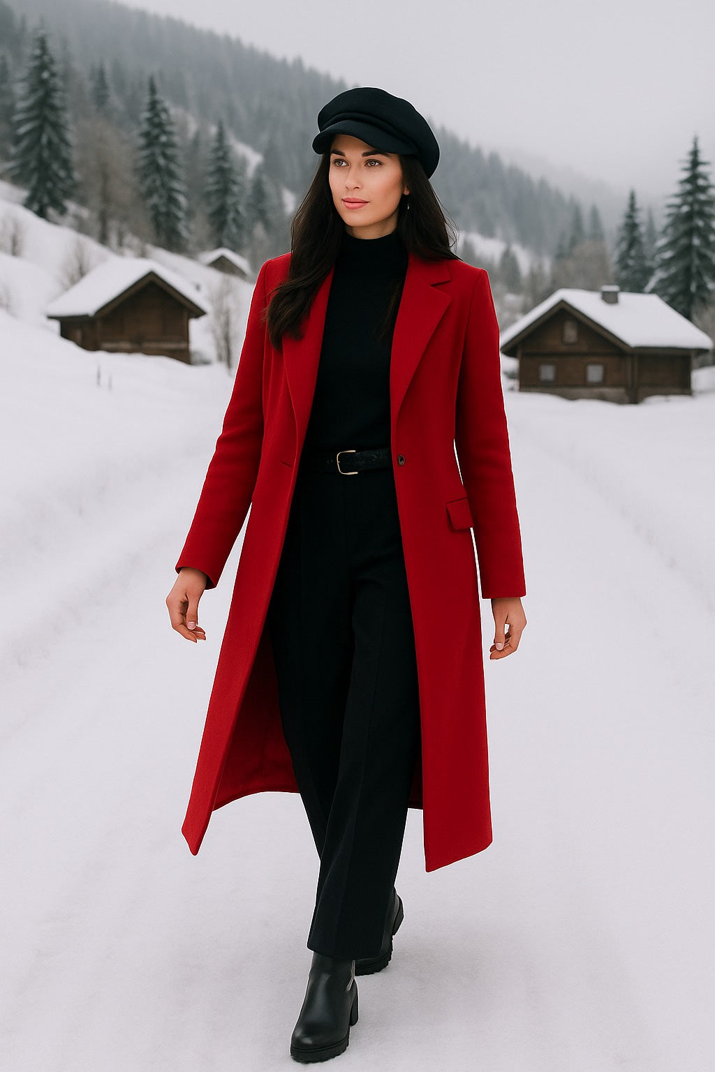 Lusso Winter Set – Red Long Coat & Black Classic Ensemble