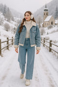Winter Denim Cozy Set – Jeans + Knit Top + Sherpa-Lined Denim Jacket + Ear Muffs