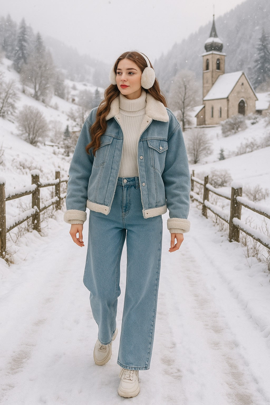 Winter Denim Cozy Set – Jeans + Knit Top + Sherpa-Lined Denim Jacket + Ear Muffs